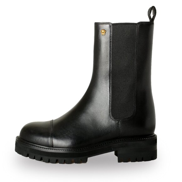 Versace Men\'s Black Leather Gold Medusa Chelsea Boots Shoes US 12 IT 45